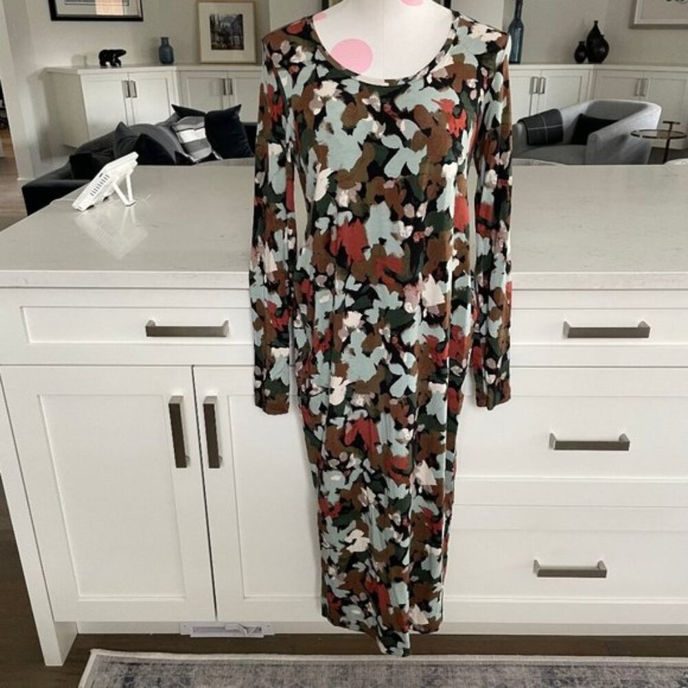 Abstract Floral Scoop Nk Lg Slv Midi (mid calf) Rayon Spandex Dress Multi Sz M